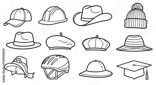Set of various hat and headwear icons in a hand drawn doodle style. Collection includes baseball cap, hardhat, fedora, beanie, helmet and graduation cap for graphic design