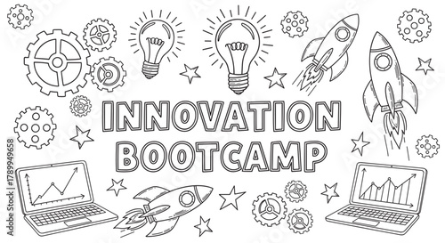 Doodle style banner for an innovation bootcamp or creative workshop event. Hand drawn icons represent startup launch with rockets, new ideas with lightbulbs, and business analytics