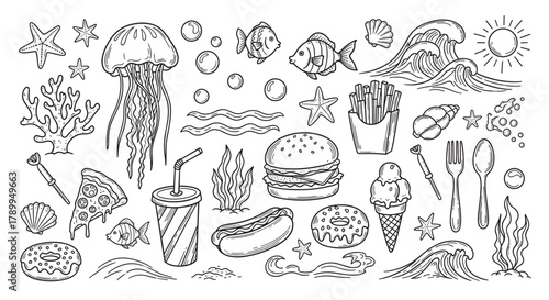 Collection of hand drawn doodle icons with sea life and fast food elements. This creative set features ocean animals like jellyfish and fish mixed with junk food like burgers and pizza