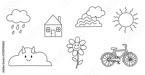 A collection of cute hand drawn doodle icons for children. Set includes a house, sun, cloud, flower, and bicycle for coloring pages or educational activities