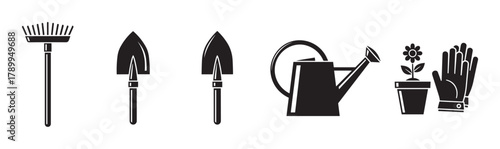 Black silhouette icons of essential gardening tools and accessories. This collection includes a rake, shovels, watering can, potted flower, and gloves for horticulture