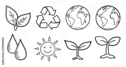 Eco friendly outline icons set for environmental awareness. Nature conservation symbols including recycle, earth, leaves, water drops, sun, and sprouts