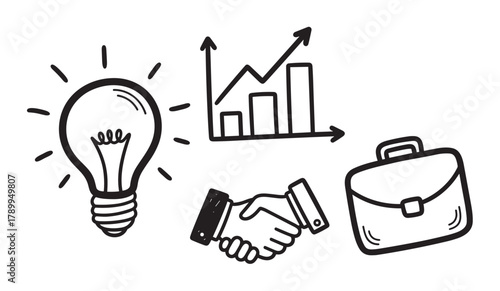 Doodle style business concept icons. Featuring a lightbulb for innovation, an upward chart for financial growth, a handshake for partnership, and a briefcase for professional success