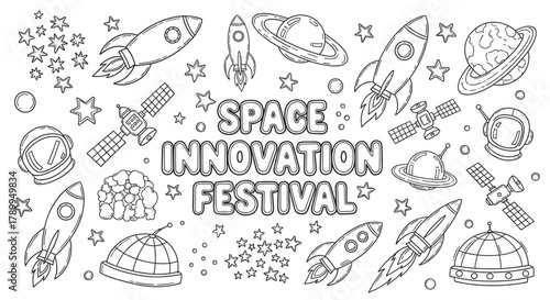 Outline space exploration elements for a science innovation festival. Featuring rockets, planets, satellites, and astronaut gear. Perfect for educational activities or event branding