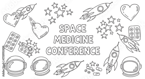 Doodle icon set for a space medicine conference concept. Hand drawn elements include rockets, astronaut helmets, pills, and stars for a healthcare and science themed project