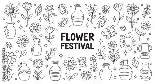 Flower festival doodle set with cute hand drawn botanical elements. Collection of minimalist line art icons with flowers, vases, and butterflies for spring decoration