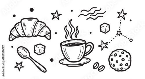 Doodle collection of breakfast food and coffee break items. Hand drawn sketch icons with croissant, cookie, and hot drink for cafe menu design or bakery branding
