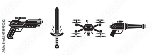 Futuristic weapon and technology icon set with sci-fi guns and a fantasy sword. Modern quadcopter drone with camera for surveillance or video game user interface elements