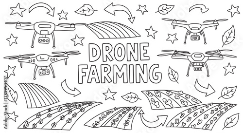 Hand drawn doodle set illustrating the concept of drone farming. Quadcopters monitor crop fields in this depiction of smart agriculture technology and automated farm systems