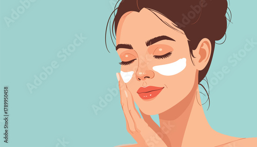 Woman with eye patches touching her face, eyes closed, against a light blue background.