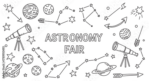 Outline drawing of planets, stars, and telescopes surrounding "astronomy fair" text. This celestial design is perfect for educational events, science projects, and school promotions