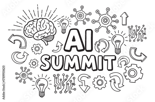 Artificial intelligence summit concept with hand drawn doodle icons. Technology and innovation symbols including brain, light bulb and circuits for a tech event banner