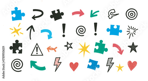Hand drawn set of colorful doodle icons with a distressed texture. Creative elements like arrows, puzzles, stars, and hearts for graphic design or social media posts