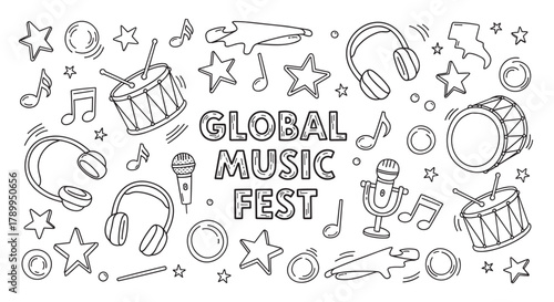 Hand drawn banner for a global music fest with various musical elements. Doodle style collection of headphones, drums, microphones and notes for a concert promotion