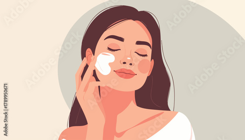 Woman with closed eyes applying white cream to her face in a beauty routine.