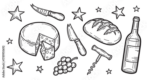 Hand drawn wine and cheese tasting set with food and drink elements. Collection of doodle icons including bread, grapes, corkscrew, and knives for menu or party design