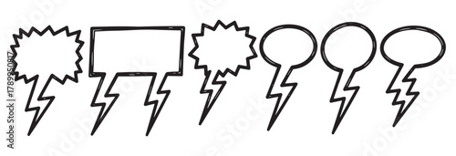 Hand drawn speech bubble collection with lightning bolt tails. Doodle sketch comic book style chat bubbles for expressing anger or shock. Set of isolated dialogue box icons