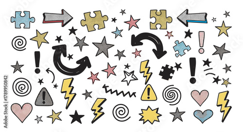 Hand drawn collection of doodle elements in a pop art style. Creative set of icons with stars, arrows, and puzzle pieces for graphic design and brainstorming concepts