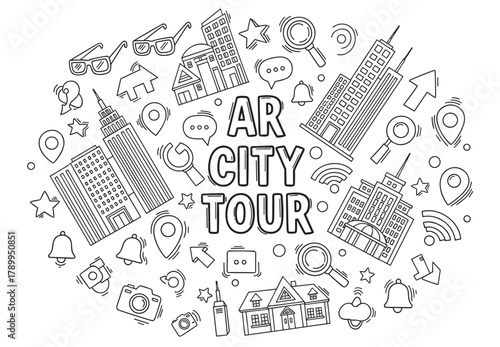Augmented reality city tour concept with various line art icons. Modern urban exploration and navigation technology. Doodle style for travel applications