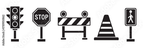 Traffic safety and road control icon collection with essential street symbols. Includes stop sign, traffic light, pedestrian crossing, construction barrier, and cone