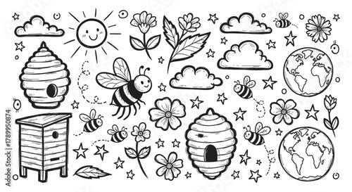 Hand drawn doodle collection of bees and nature elements for environmental concepts. Cute cartoon icons include beehives, flowers, the sun, and planet earth for ecological design