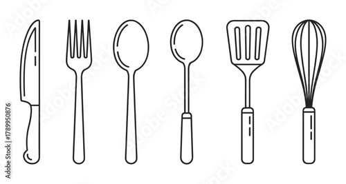 Kitchen utensils icon set in a minimal line art style. Collection of cooking tools including knife, fork, spoon, spatula, and whisk for a restaurant menu or culinary website design