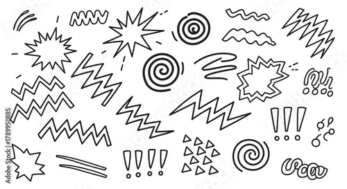 Hand drawn set of abstract doodle shapes for graphic design projects. Black and white comic book elements like zigzags, spirals, and starbursts expressing emotion and energy