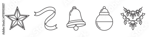 Christmas holiday icon set with traditional festive symbols. Minimalist line art collection includes a star, ribbon, bell, ornament, and garland for winter season decoration