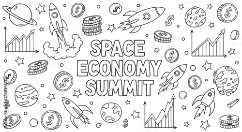 Space economy summit concept with doodle icons of rockets, planets, and money. Hand drawn line art banner for business growth and financial investment in the aerospace industry