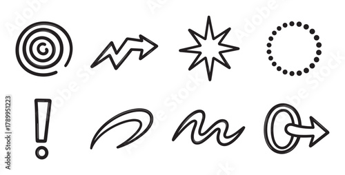 Hand drawn set of abstract doodle shapes for emphasis and decoration. Collection of creative elements including arrows, spirals, starbursts, and exclamation marks