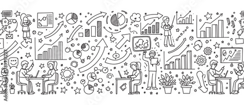 Hand drawn business doodle pattern with people working and analyzing data. Growth charts and financial graphs illustrate corporate success. Diverse adult males and females collaborate