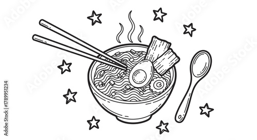 Doodle style drawing of a japanese ramen bowl with noodles and egg. Minimalist line art icon for an asian restaurant menu. Isolated black and white sketch with stars