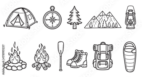 Set of hand drawn camping and hiking equipment icons for outdoor adventure. Collection includes tent, compass, campfire, backpack, and mountain symbols for travel design