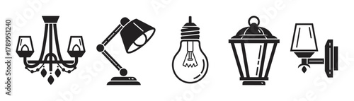 Collection of diverse lighting icons and fixtures. Features a chandelier, desk lamp, classic light bulb, outdoor lantern, and elegant wall sconce for design elements