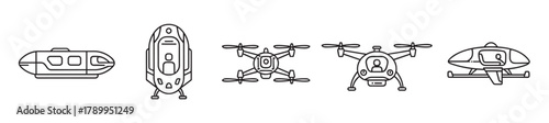 Advanced air mobility icons featuring passenger drones and autonomous flying vehicles. A collection of futuristic transport symbols for urban travel and technology concepts