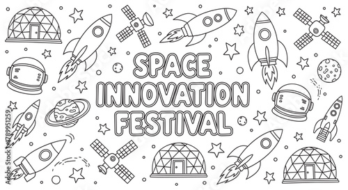 Space innovation festival banner with various outline elements for coloring. Doodle set with rockets, satellites, planets, and astronaut helmets for a kids science and technology event