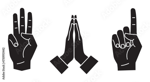 Black silhouette hand gestures set featuring three fingers up, prayer hands, and a single pointing finger. Perfect for conveying communication, spirituality, and numerical concepts