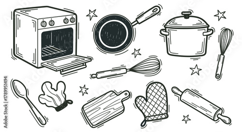 Hand drawn kitchen utensils and cooking equipment set. A collection of baking tools and appliances for culinary design. Perfect for recipe blogs or restaurant menus