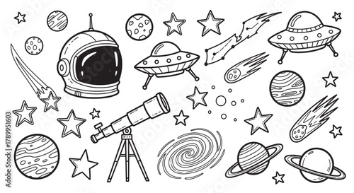 Cartoon doodle space elements collection. Black and white outline of planets, stars, and astronaut gear. Ideal for children's activities or science themes