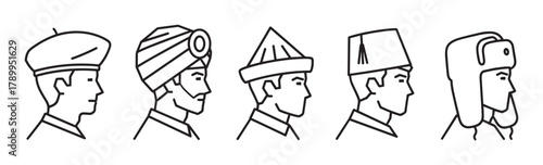 Set of male profile icons wearing traditional cultural headwear from around the world. Minimalist line art collection representing global diversity and different nationalities