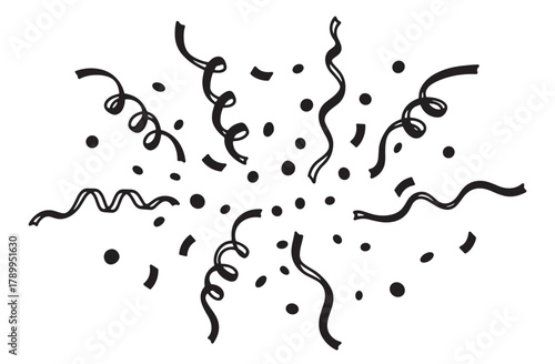 Hand drawn confetti and streamers exploding in a festive burst. Monochrome party popper graphic isolated on a white background for holiday and birthday decorations