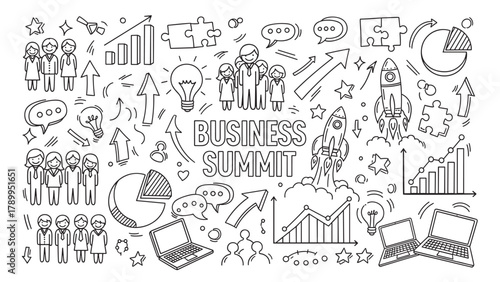 Doodle business summit concept with diverse adult male and female professionals. Icons represent teamwork, innovation, growth, and communication for corporate events