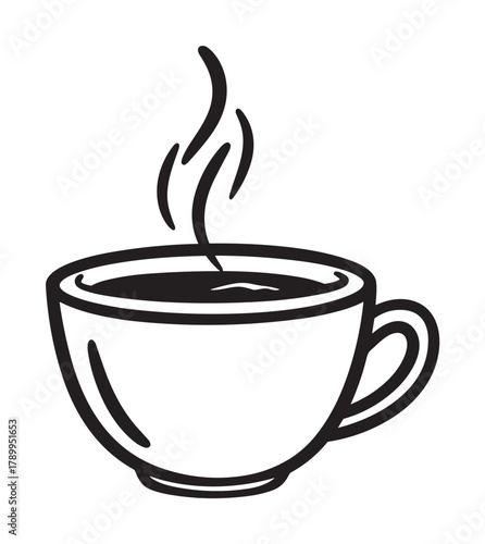 Simple coffee cup icon with steam. A black and white line art drawing for a cafe menu or logo design. This minimalist beverage symbol represents a hot drink like tea or espresso