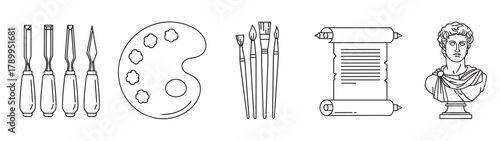 Outline icons representing various art supplies and historical elements. This collection includes carving tools, paintbrushes, a palette, a scroll, and a classical male bust