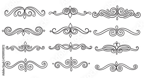 Elegant scrollwork dividers set. Decorative vintage flourish elements for design projects. Classic ornamental borders for invitations and certificates