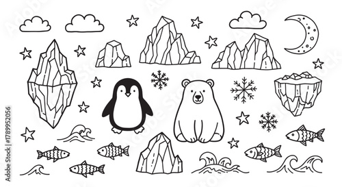 Collection of cute arctic animal doodles with a polar bear and penguin. Hand drawn set includes icebergs, fish, snowflakes, and celestial elements for winter themed designs