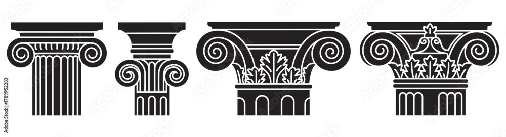 Fototapeta premium Set of classical column capitals showing different architectural orders. Ionic and corinthian pillar tops in a black silhouette style for historical or legal design concepts