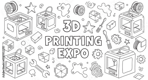 Outline doodle set of additive manufacturing machines, filament spools, and tools. Hand drawn elements for a technology expo. Ideal for rapid prototyping concepts and events