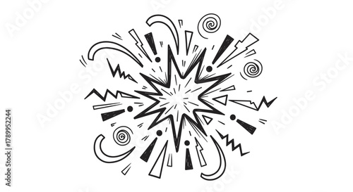 Hand drawn doodle explosion burst. Dynamic comic book style element for impact and attention. Abstract graphic design for energy and surprise concepts