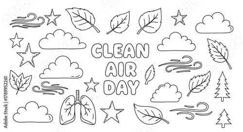 Hand drawn set of icons for clean air day celebration. Doodle style elements like lungs, leaves, clouds, and wind for environmental awareness. Black outline art for coloring pages or posters